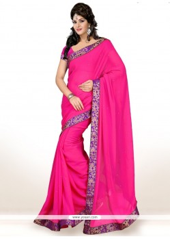 Lovable Hot Pink Lace Work Faux Chiffon Casual Saree