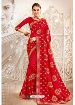Red Sana Silk Partywear Embroidered Saree