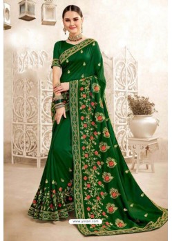 Dark Green Sana Silk Partywear Embroidered Saree