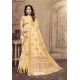 Light Yellow Linen Designer Party Wear Saree