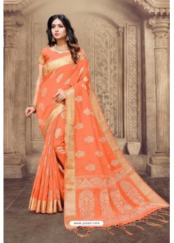 Orange Linen Designer Party Wear Saree