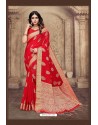 Red Linen Designer Party Wear Saree