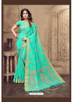 Firozi Linen Designer Party Wear Saree