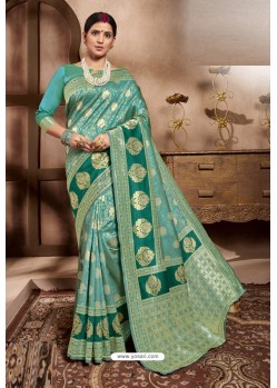 Turquoise Cotton Silk Latest Designer Saree