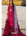 Rose Red Cotton Embroidered Party Wear Designer Suit