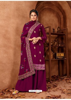 Purple Designer Faux Georgette Embroidered Palazzo Suit