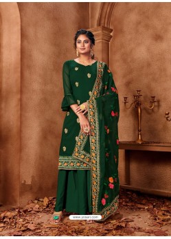 Dark Green Designer Faux Georgette Embroidered Palazzo Suit