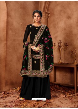 Black Designer Faux Georgette Embroidered Palazzo Suit