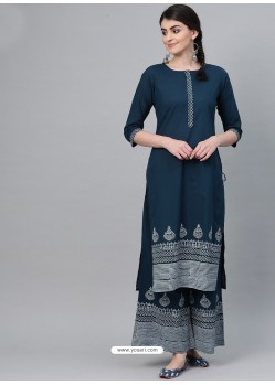 Teal Blue Casual Wear Readymade Kurti With Bottom