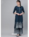 Teal Blue Casual Wear Readymade Kurti With Bottom