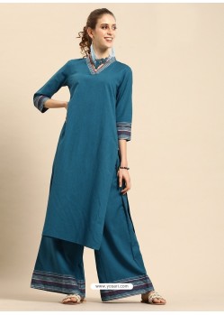 Fab Teal Blue Casual Wear Readymade Kurti With Bottom