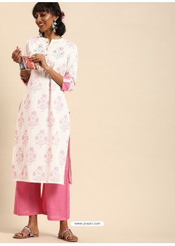 Off White And Pink Casual Wear Readymade Kurti With Bottom