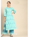 Aqua Blue Casual Wear Readymade Kurti With Bottom