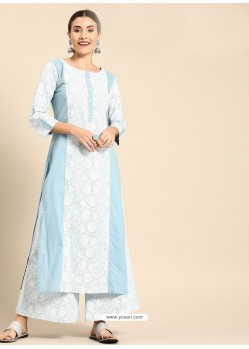 White And Sky Casual Wear Readymade Kurti With Bottom