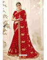 Delightful Red Designer Heavy Embroidered Wedding Saree