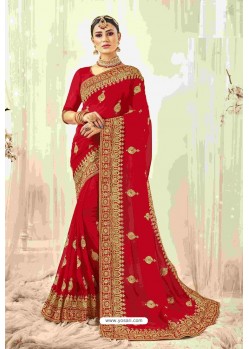 Elegant Red Designer Heavy Embroidered Wedding Saree