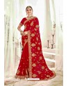 Lovely Red Designer Heavy Embroidered Wedding Saree