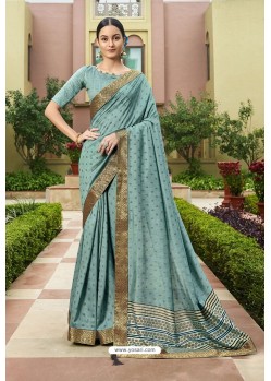 Turquoise Blue Designer Vichitra Silk Festive Wear Saree
