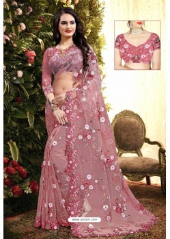 Light Pink Net Sequence Embroidered Designer Saree