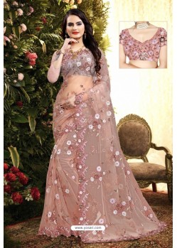 Dusty Pink Net Sequence Embroidered Designer Saree