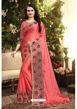 Dark Peach Rangoli Silk Embroidered Designer Saree