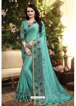 Turquoise Blue Rangoli Silk Embroidered Designer Saree