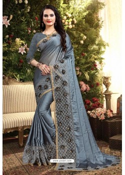 Grey Rangoli Silk Embroidered Designer Saree