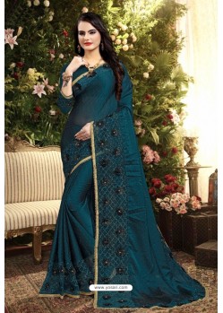 Peacock Blue Rangoli Silk Embroidered Designer Saree