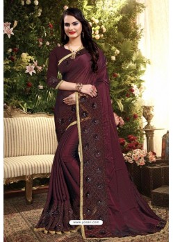 Wine Rangoli Silk Embroidered Designer Saree