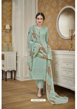 Sky Blue Faux Georgette Heavy Designer Straight Suit