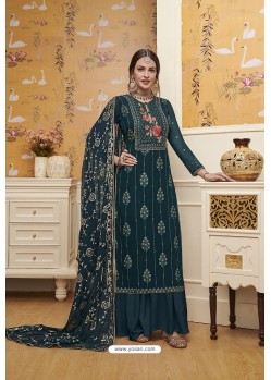 Teal Blue Blooming Faux Georgette Heavy Designer Straight Suit