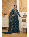 Teal Blue Blooming Faux Georgette Heavy Designer Straight Suit