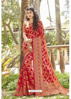 Red Weaving Jacquard Worked Designer Silk Saree