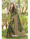 Dark Green Weaving Jacquard Worked Designer Silk Saree