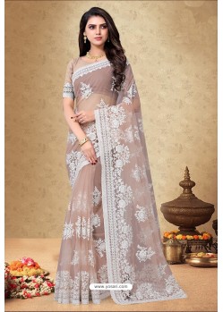 Light Brown Net Embroidered Designer Saree