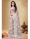 Light Brown Net Embroidered Designer Saree