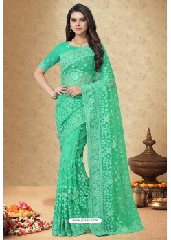 Jade Green Net Embroidered Designer Saree