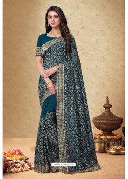 Teal Vichitra Silk Georgette Embroidered Designer Saree