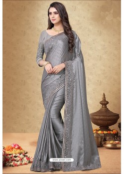 Grey Rangoli Silk Georgette Embroidered Designer Saree