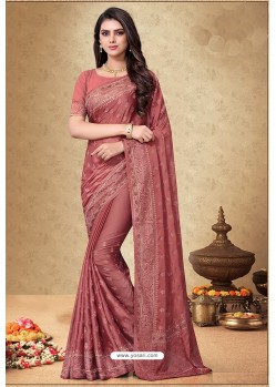 Dusty Pink Satin Georgette Embroidered Designer Saree