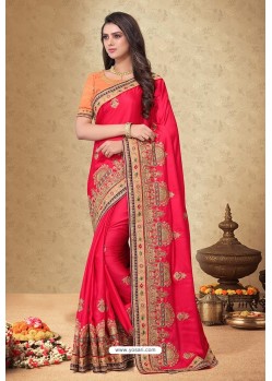 Rani Pink Satin Georgette Embroidered Designer Saree