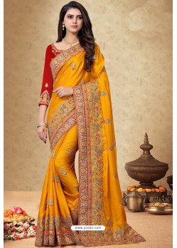 Yellow Satin Georgette Embroidered Designer Saree