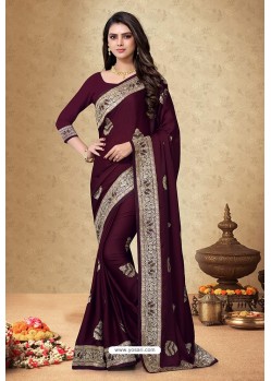 Wine Satin Georgette Embroidered Designer Saree