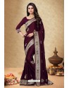 Wine Satin Georgette Embroidered Designer Saree