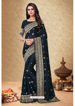 Navy Blue Satin Georgette Embroidered Designer Saree