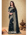 Navy Blue Satin Georgette Embroidered Designer Saree