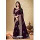 Deep Wine Satin Georgette Embroidered Designer Saree