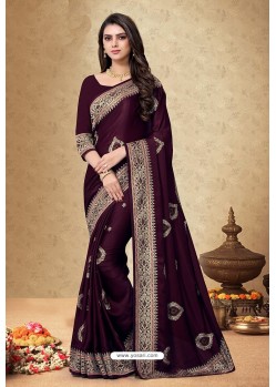 Deep Wine Satin Georgette Embroidered Designer Saree