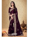 Deep Wine Satin Georgette Embroidered Designer Saree