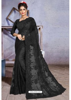 Black Net Heavy Embroidered Designer Saree